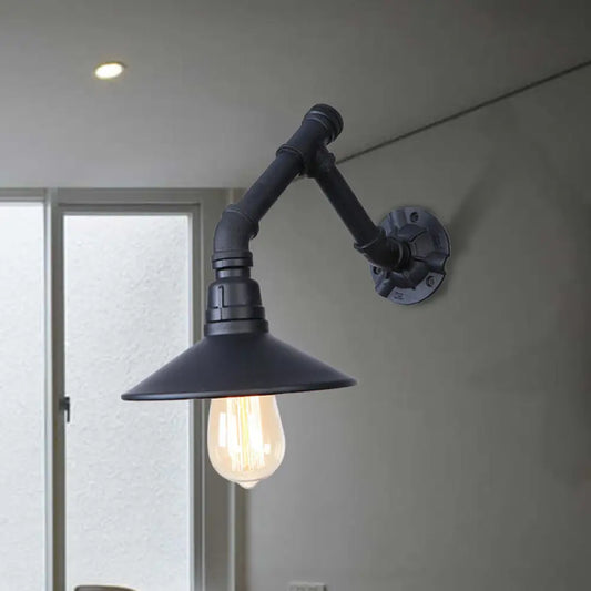 Vintage Conical Wall Sconce Light with Unique Pipe Design - Black Metal, Ideal for Bedroom