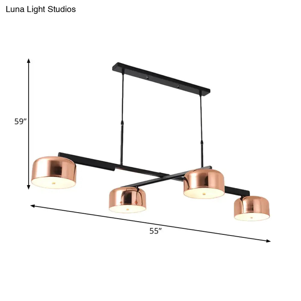 Modern copper finish bowl linear chandelier with adjustable cord and four cylindrical shades in black metal frame