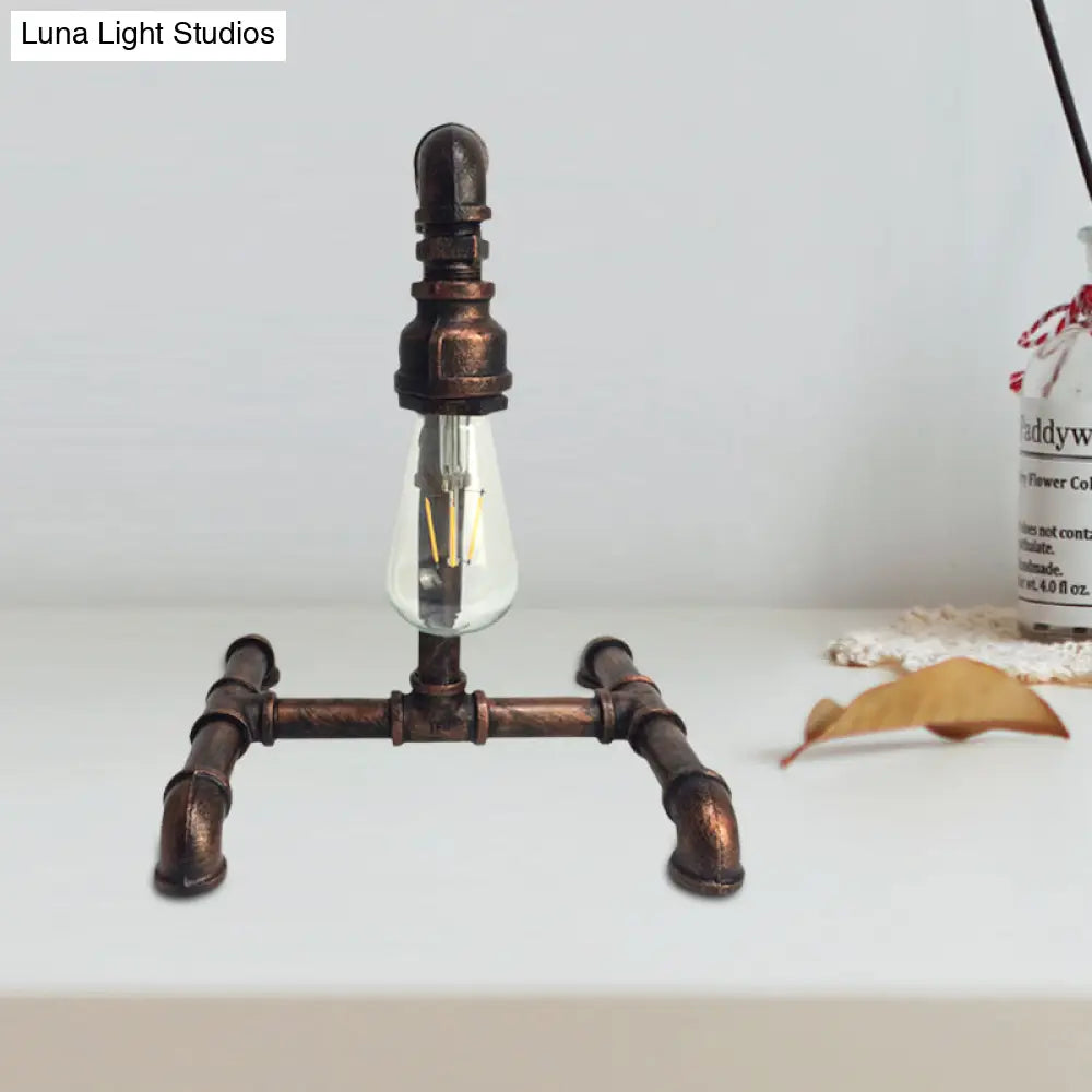 Vintage Copper/Black Desk Lamp: Small 1-Light Iron Exposed Bulb Night Table Light with Pipe-Like Base - Plug-In