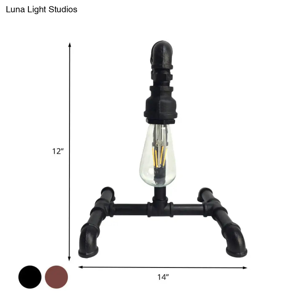 Vintage Copper/Black Desk Lamp: Small 1-Light Iron Exposed Bulb Night Table Light with Pipe-Like Base - Plug-In