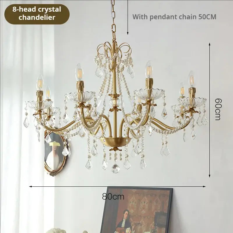Elegant gold-toned 8-head crystal pendant light with clear crystals and exposed bulbs in decorbites copper chandelier style