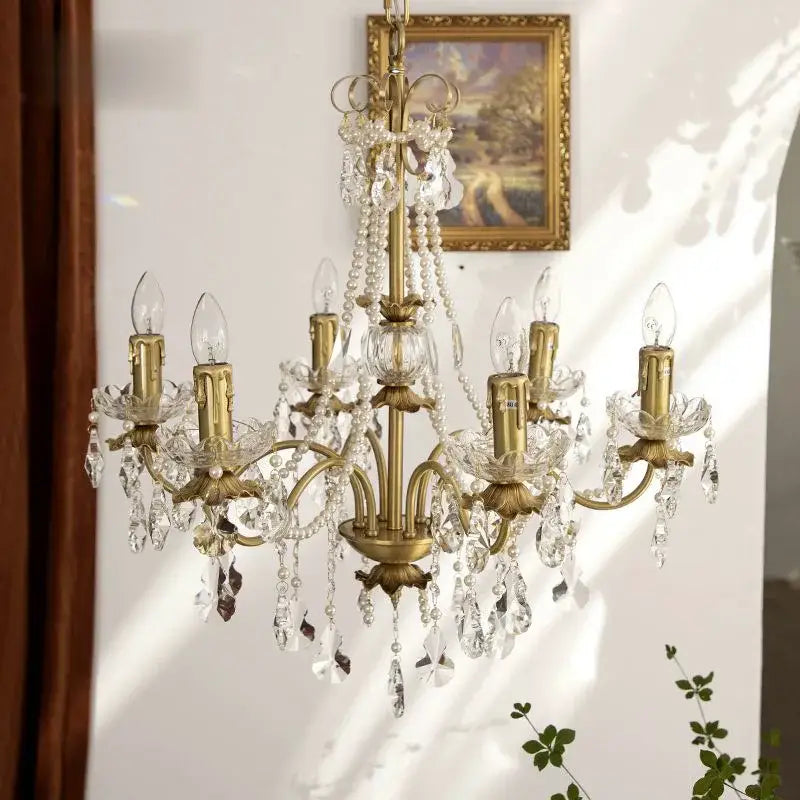 Vintage copper chandelier with antique brass finish, crystal droplets, and pearl beads pendant light for dining room by decorbites copper