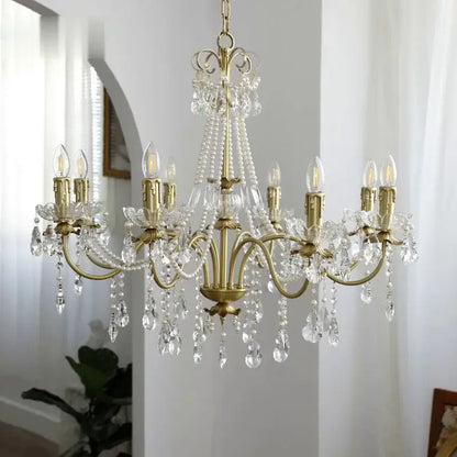 Vintage copper chandelier pendant light featuring a gold-toned design with crystal droplets and pearl-like beads decorbites copper