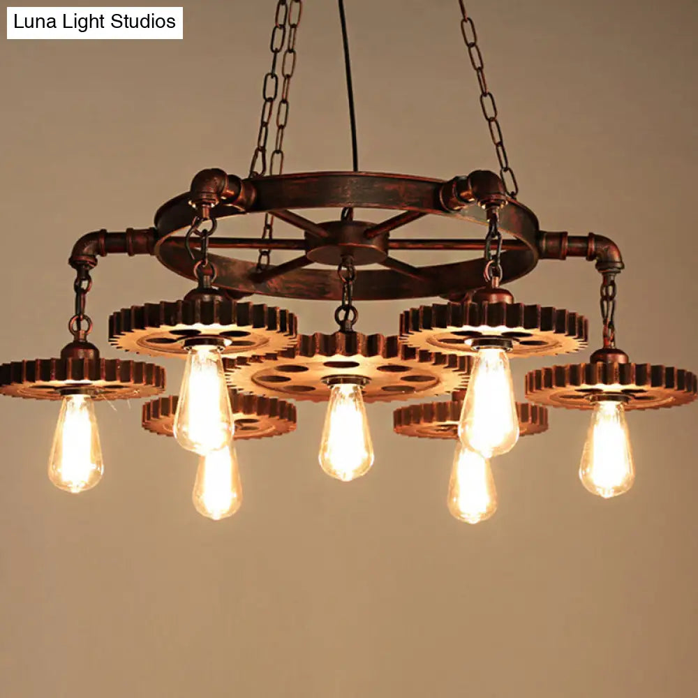 Vintage Copper Chandelier with 7 Lights - Retro Industrial Pendant Lamp in Gear Shape