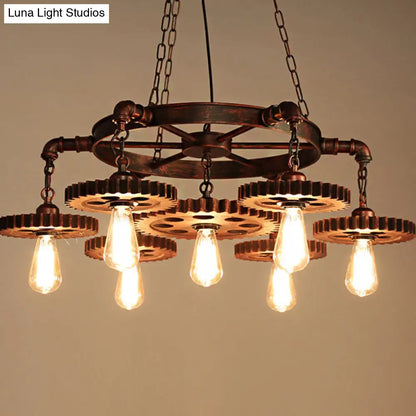 Vintage Copper Chandelier with 7 Lights - Retro Industrial Pendant Lamp in Gear Shape