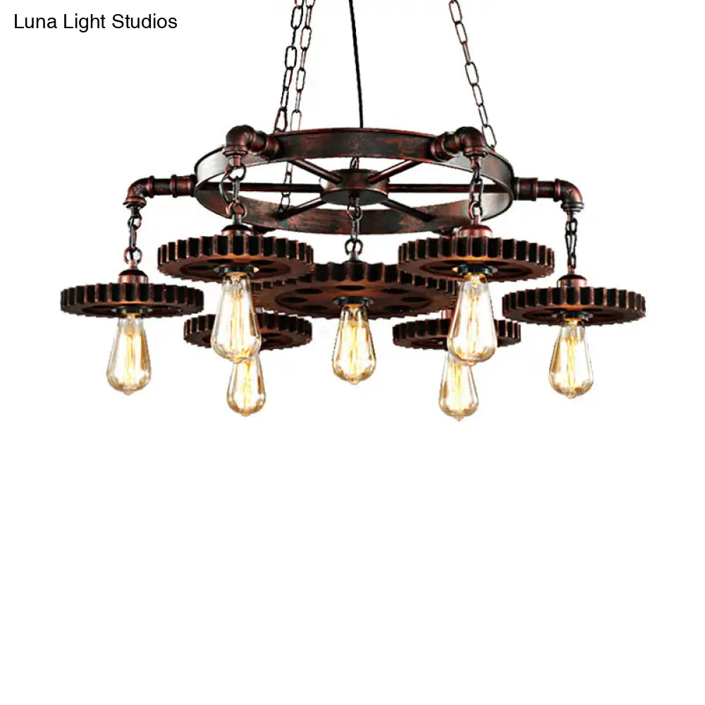 Vintage Copper Chandelier with 7 Lights - Retro Industrial Pendant Lamp in Gear Shape