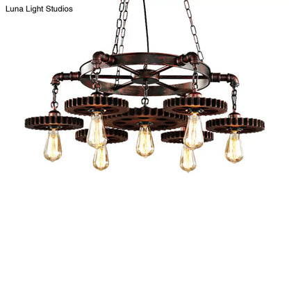 Vintage Copper Chandelier with 7 Lights - Retro Industrial Pendant Lamp in Gear Shape