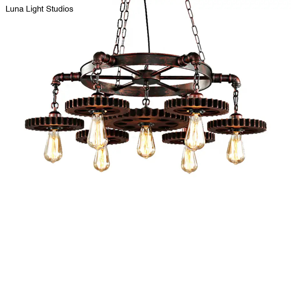 Vintage Copper Chandelier with 7 Lights - Retro Industrial Pendant Lamp in Gear Shape