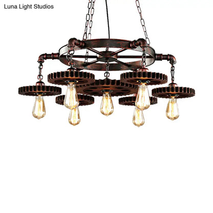 Vintage Copper Chandelier with 7 Lights - Retro Industrial Pendant Lamp in Gear Shape