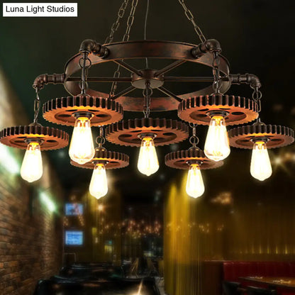 Vintage Copper Chandelier with 7 Lights - Retro Industrial Pendant Lamp in Gear Shape