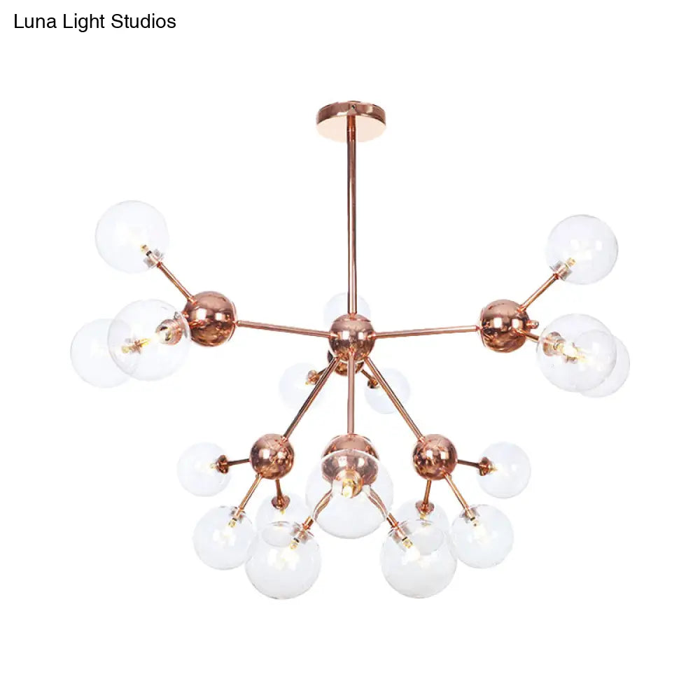 Lámpara de araña vintage de cobre con pantallas esféricas de cristal transparente/ámbar - 3/9/12 luces, diseño de ramas - 33/70/86 cm de ancho