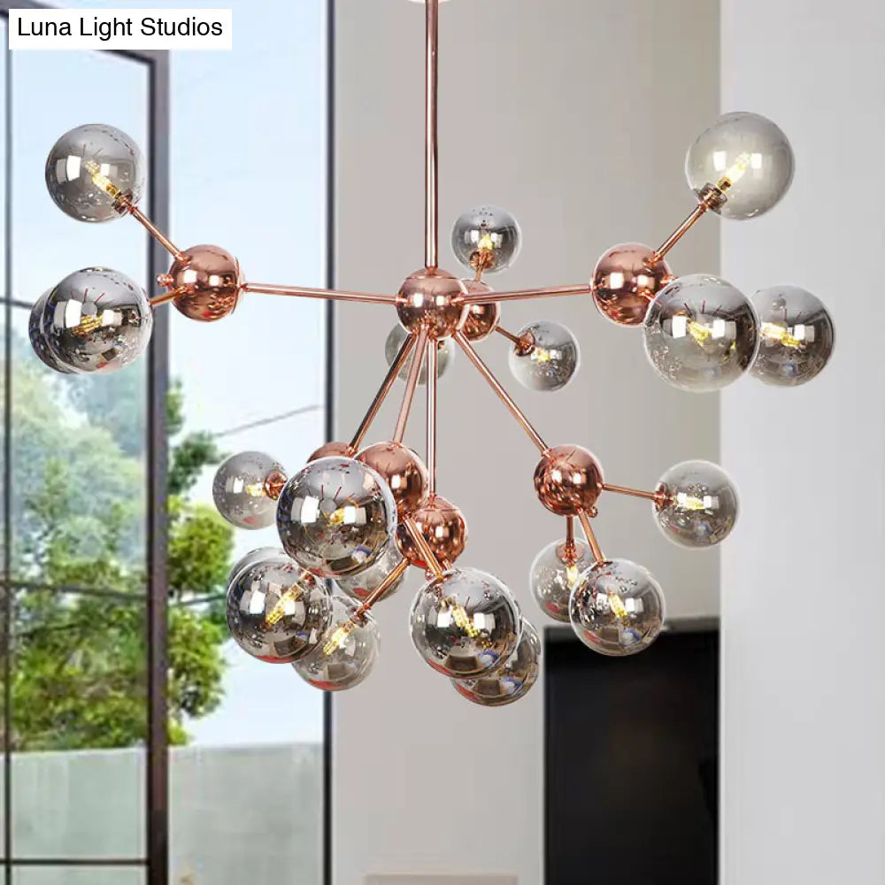 Lámpara de araña vintage de cobre con pantallas esféricas de cristal transparente/ámbar - 3/9/12 luces, diseño de ramas - 33/70/86 cm de ancho
