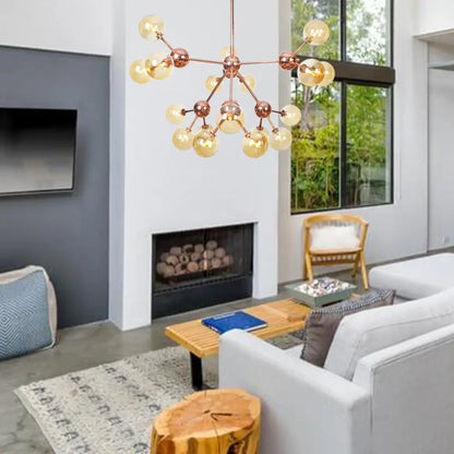 Lámpara de araña vintage de cobre con pantallas esféricas de cristal transparente/ámbar - 3/9/12 luces, diseño de ramas - 33/70/86 cm de ancho