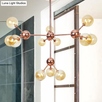 Lámpara de araña vintage de cobre con pantallas esféricas de cristal transparente/ámbar - 3/9/12 luces, diseño de ramas - 33/70/86 cm de ancho