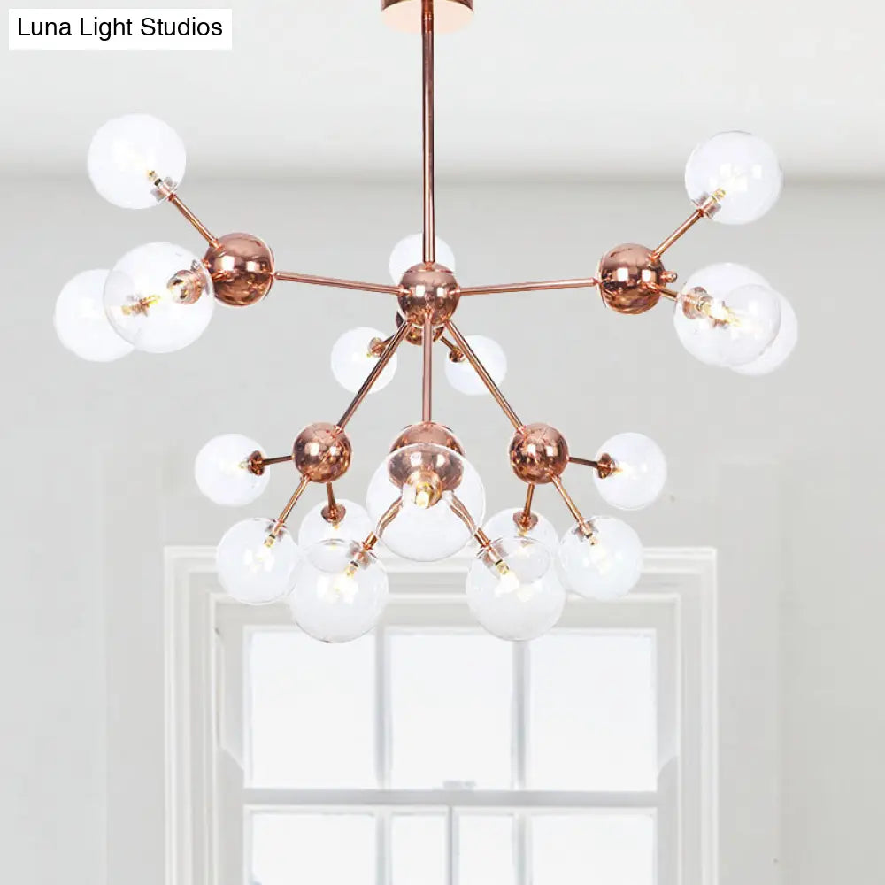 Lámpara de araña vintage de cobre con pantallas esféricas de cristal transparente/ámbar - 3/9/12 luces, diseño de ramas - 33/70/86 cm de ancho