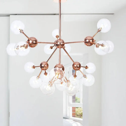 Lámpara de araña vintage de cobre con pantallas esféricas de cristal transparente/ámbar - 3/9/12 luces, diseño de ramas - 33/70/86 cm de ancho