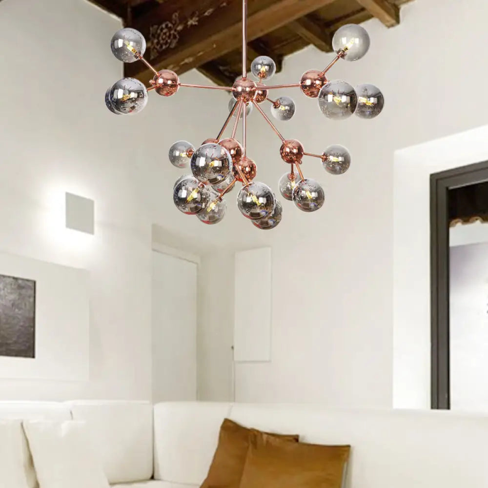 Lámpara de araña vintage de cobre con pantallas esféricas de cristal transparente/ámbar - 3/9/12 luces, diseño de ramas - 33/70/86 cm de ancho
