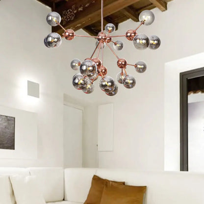 Lámpara de araña vintage de cobre con pantallas esféricas de cristal transparente/ámbar - 3/9/12 luces, diseño de ramas - 33/70/86 cm de ancho
