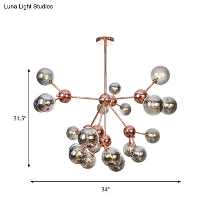 Lámpara de araña vintage de cobre con pantallas esféricas de cristal transparente/ámbar - 3/9/12 luces, diseño de ramas - 33/70/86 cm de ancho