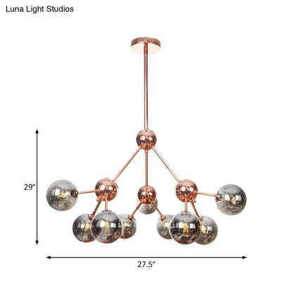 Lámpara de araña vintage de cobre con pantallas esféricas de cristal transparente/ámbar - 3/9/12 luces, diseño de ramas - 33/70/86 cm de ancho