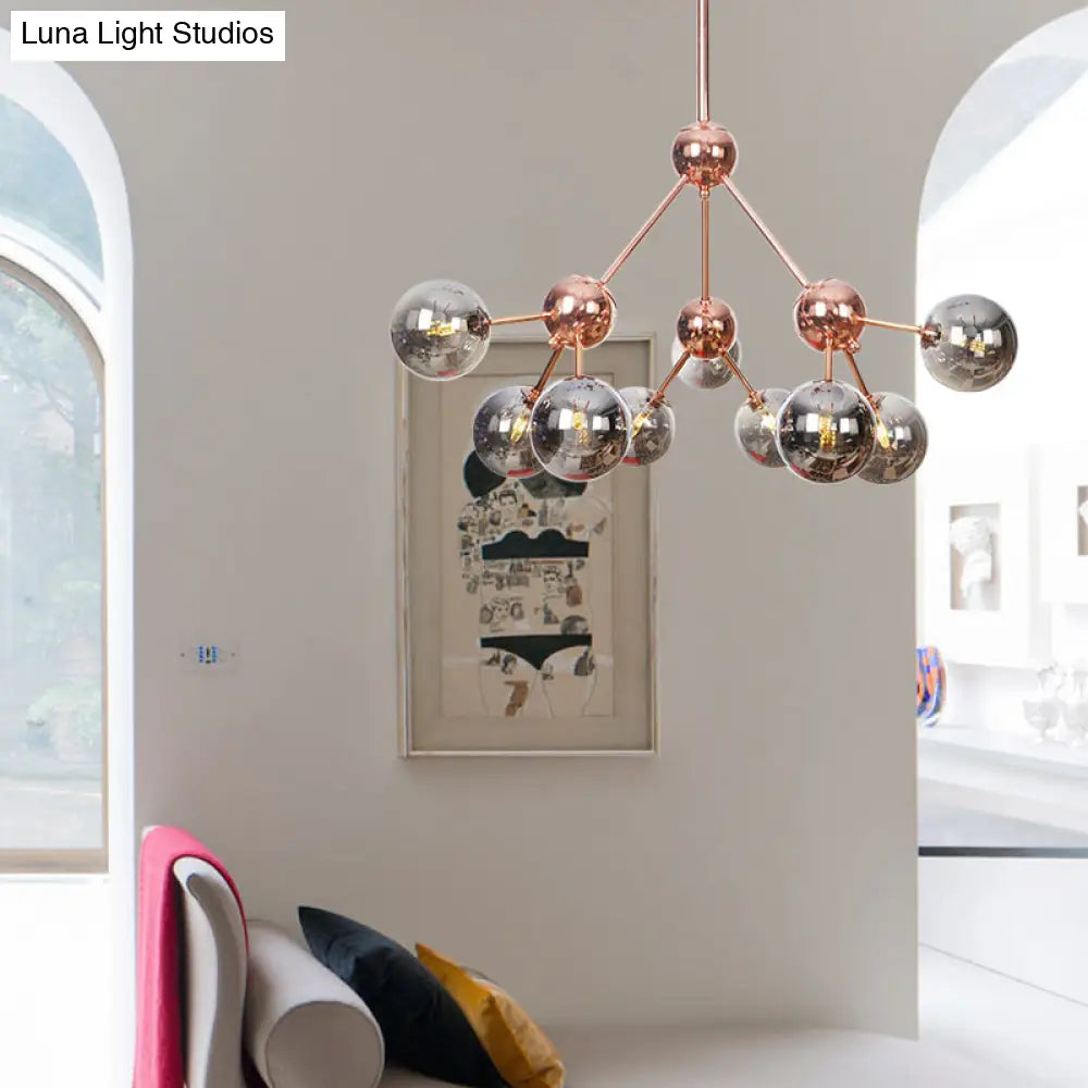 Lámpara de araña vintage de cobre con pantallas esféricas de cristal transparente/ámbar - 3/9/12 luces, diseño de ramas - 33/70/86 cm de ancho