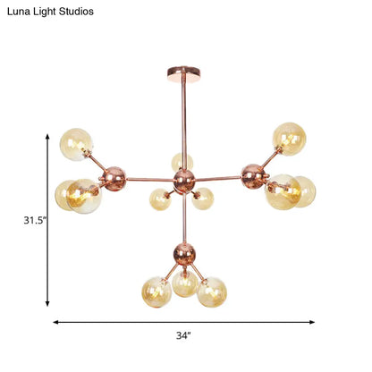 Lámpara de araña vintage de cobre con pantallas esféricas de cristal transparente/ámbar - 3/9/12 luces, diseño de ramas - 33/70/86 cm de ancho