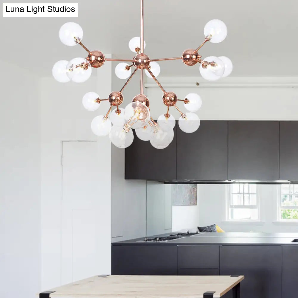 Lámpara de araña vintage de cobre con pantallas esféricas de cristal transparente/ámbar - 3/9/12 luces, diseño de ramas - 33/70/86 cm de ancho