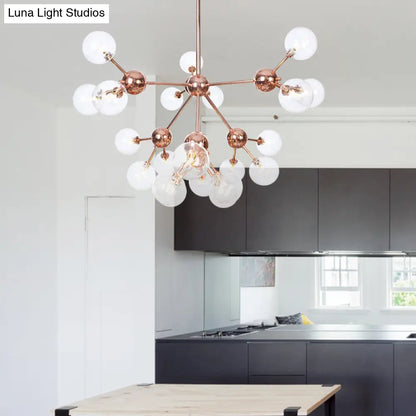 Lámpara de araña vintage de cobre con pantallas esféricas de cristal transparente/ámbar - 3/9/12 luces, diseño de ramas - 33/70/86 cm de ancho