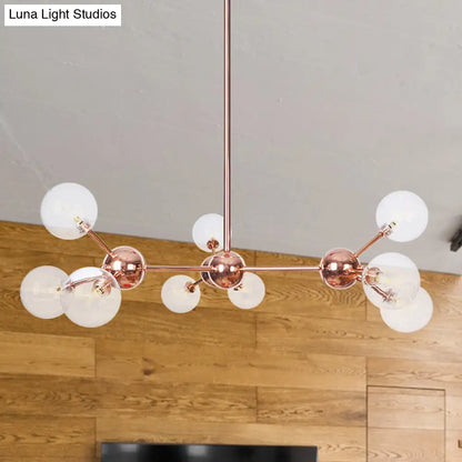 Lámpara de araña vintage de cobre con pantallas esféricas de cristal transparente/ámbar - 3/9/12 luces, diseño de ramas - 33/70/86 cm de ancho