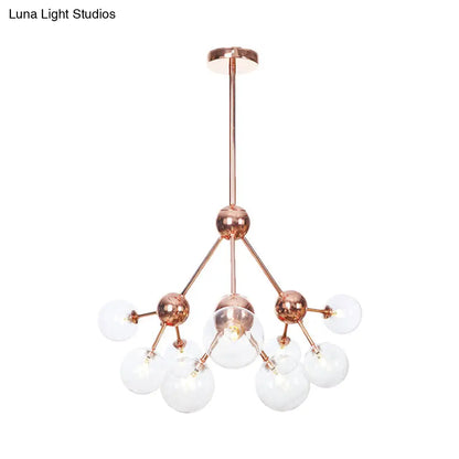 Lámpara de araña vintage de cobre con pantallas esféricas de cristal transparente/ámbar - 3/9/12 luces, diseño de ramas - 33/70/86 cm de ancho