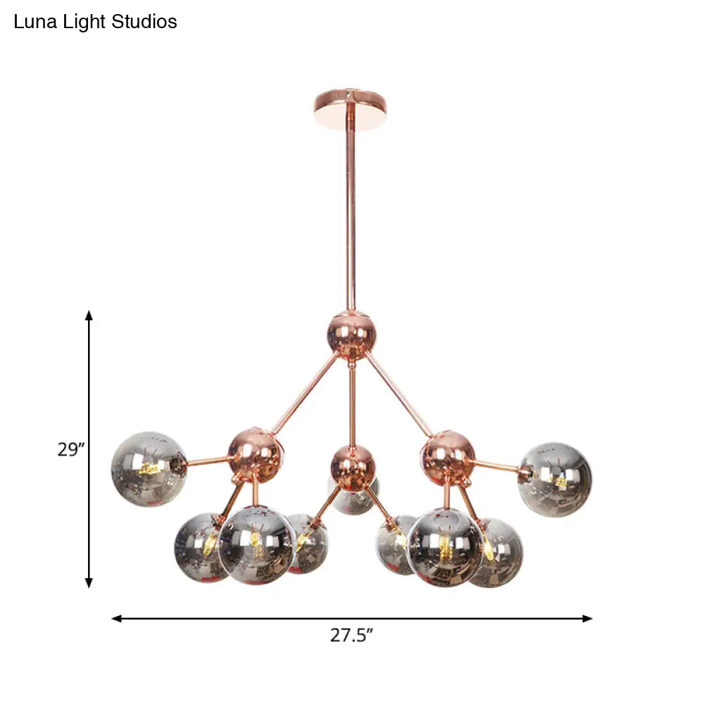 Lámpara de araña vintage de cobre con pantallas esféricas de cristal transparente/ámbar - 3/9/12 luces, diseño de ramas - 33/70/86 cm de ancho