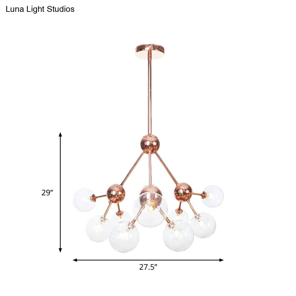 Lámpara de araña vintage de cobre con pantallas esféricas de cristal transparente/ámbar - 3/9/12 luces, diseño de ramas - 33/70/86 cm de ancho