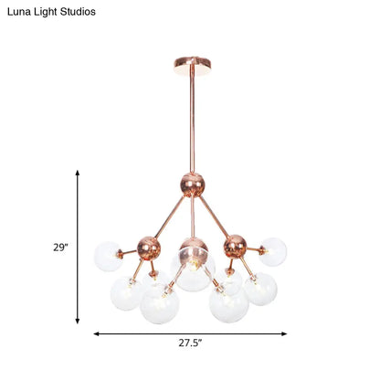 Lámpara de araña vintage de cobre con pantallas esféricas de cristal transparente/ámbar - 3/9/12 luces, diseño de ramas - 33/70/86 cm de ancho