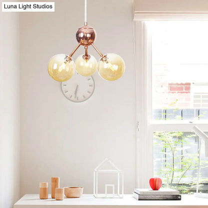 Lámpara de araña vintage de cobre con pantallas esféricas de cristal transparente/ámbar - 3/9/12 luces, diseño de ramas - 33/70/86 cm de ancho