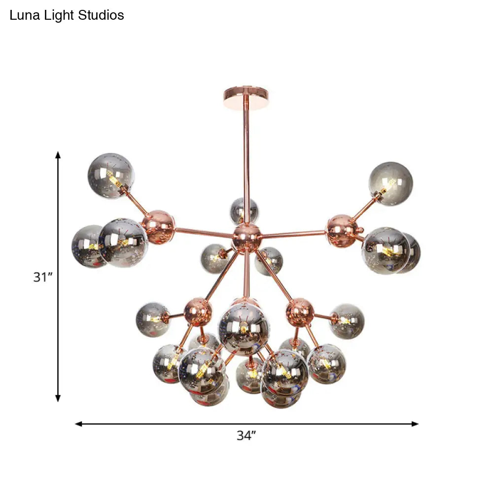 Lámpara de araña vintage de cobre con pantallas esféricas de cristal transparente/ámbar - 3/9/12 luces, diseño de ramas - 33/70/86 cm de ancho