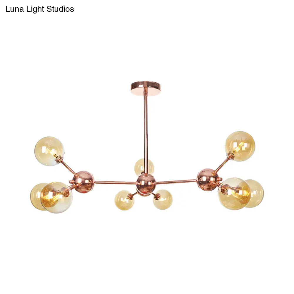 Lámpara de araña vintage de cobre con pantallas esféricas de cristal transparente/ámbar - 3/9/12 luces, diseño de ramas - 33/70/86 cm de ancho