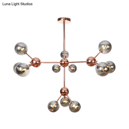 Lámpara de araña vintage de cobre con pantallas esféricas de cristal transparente/ámbar - 3/9/12 luces, diseño de ramas - 33/70/86 cm de ancho