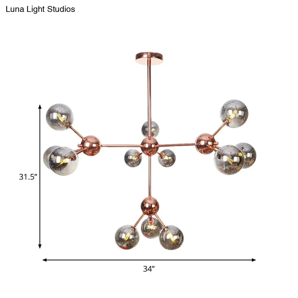 Lámpara de araña vintage de cobre con pantallas esféricas de cristal transparente/ámbar - 3/9/12 luces, diseño de ramas - 33/70/86 cm de ancho