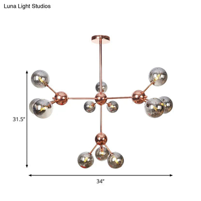 Lámpara de araña vintage de cobre con pantallas esféricas de cristal transparente/ámbar - 3/9/12 luces, diseño de ramas - 33/70/86 cm de ancho