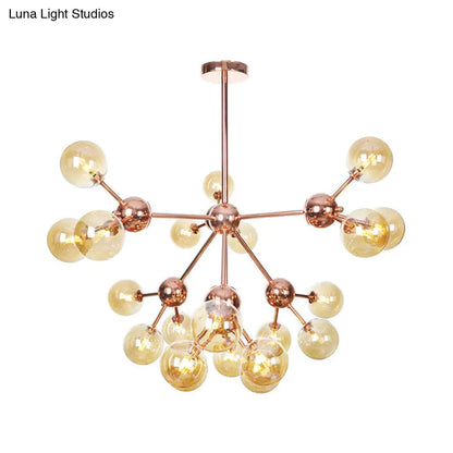 Lámpara de araña vintage de cobre con pantallas esféricas de cristal transparente/ámbar - 3/9/12 luces, diseño de ramas - 33/70/86 cm de ancho