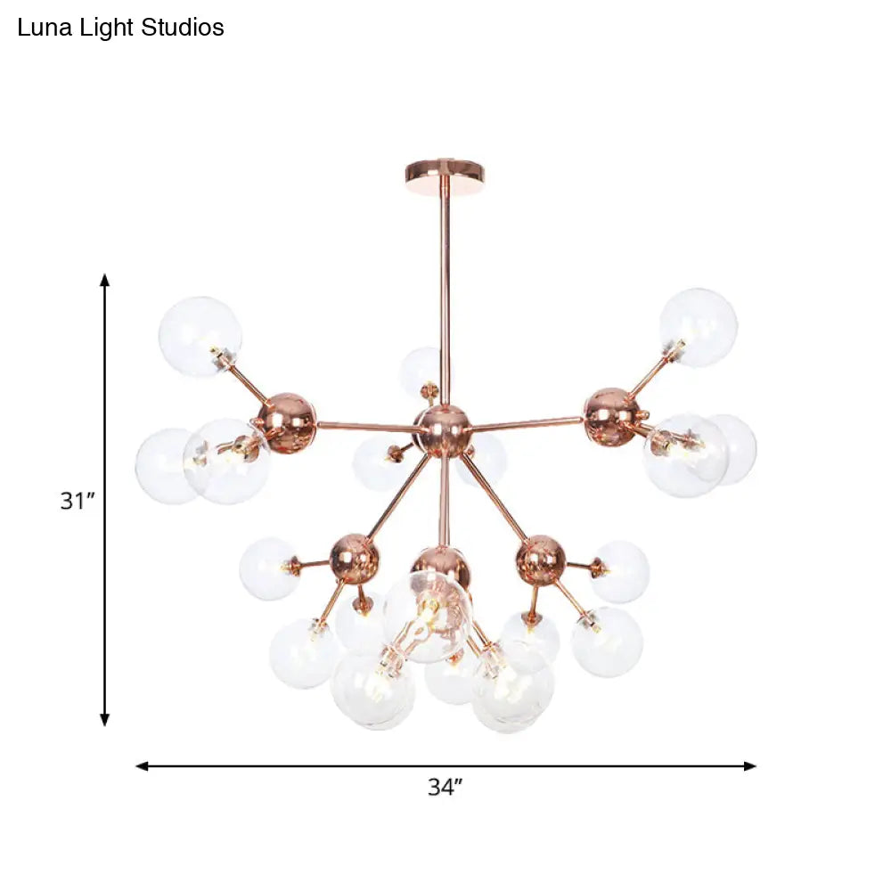 Lámpara de araña vintage de cobre con pantallas esféricas de cristal transparente/ámbar - 3/9/12 luces, diseño de ramas - 33/70/86 cm de ancho