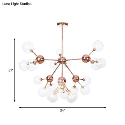 Lámpara de araña vintage de cobre con pantallas esféricas de cristal transparente/ámbar - 3/9/12 luces, diseño de ramas - 33/70/86 cm de ancho