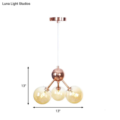 Lámpara de araña vintage de cobre con pantallas esféricas de cristal transparente/ámbar - 3/9/12 luces, diseño de ramas - 33/70/86 cm de ancho