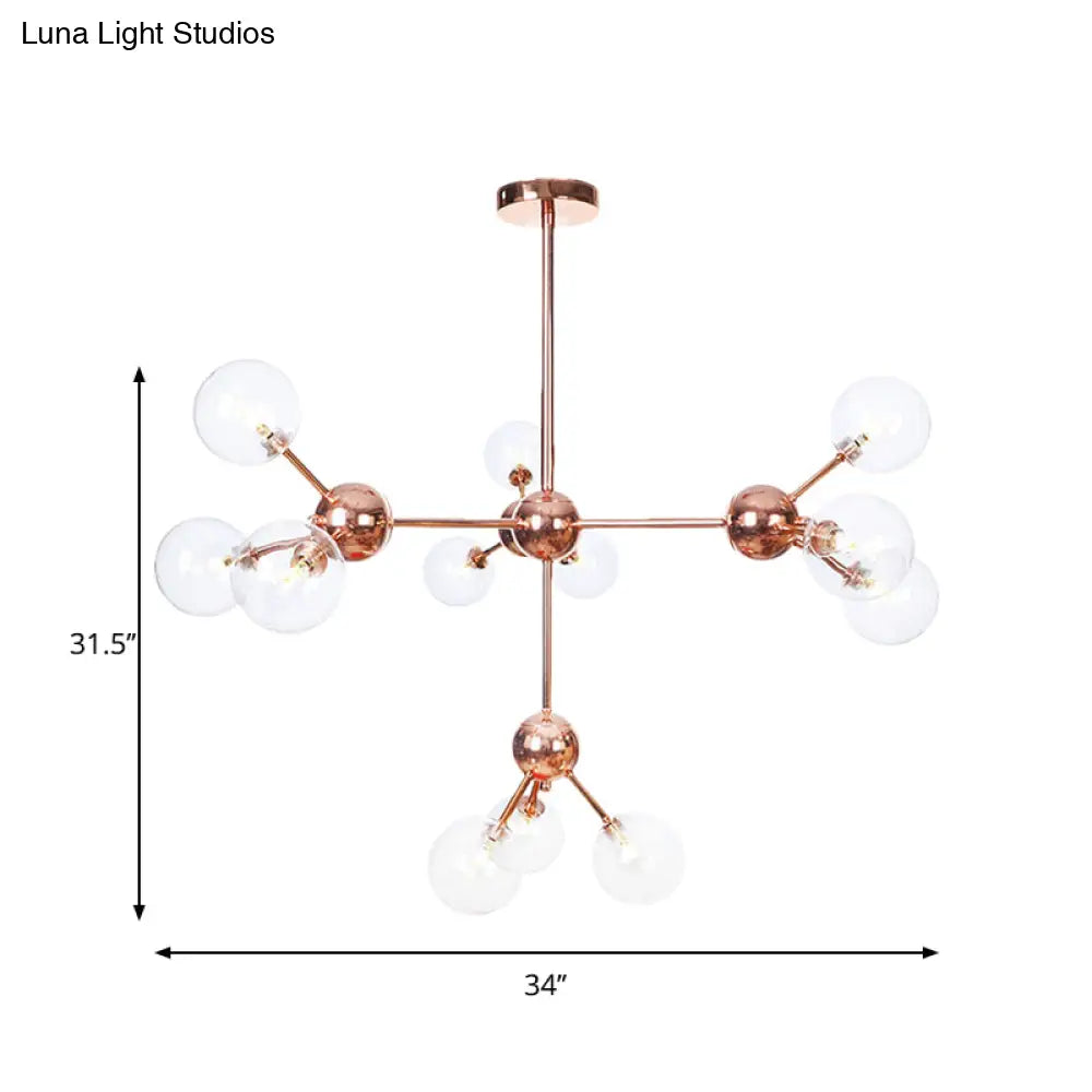 Lámpara de araña vintage de cobre con pantallas esféricas de cristal transparente/ámbar - 3/9/12 luces, diseño de ramas - 33/70/86 cm de ancho