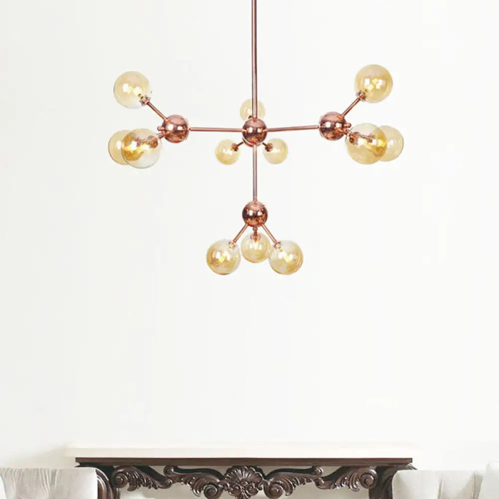 Lámpara de araña vintage de cobre con pantallas esféricas de cristal transparente/ámbar - 3/9/12 luces, diseño de ramas - 33/70/86 cm de ancho