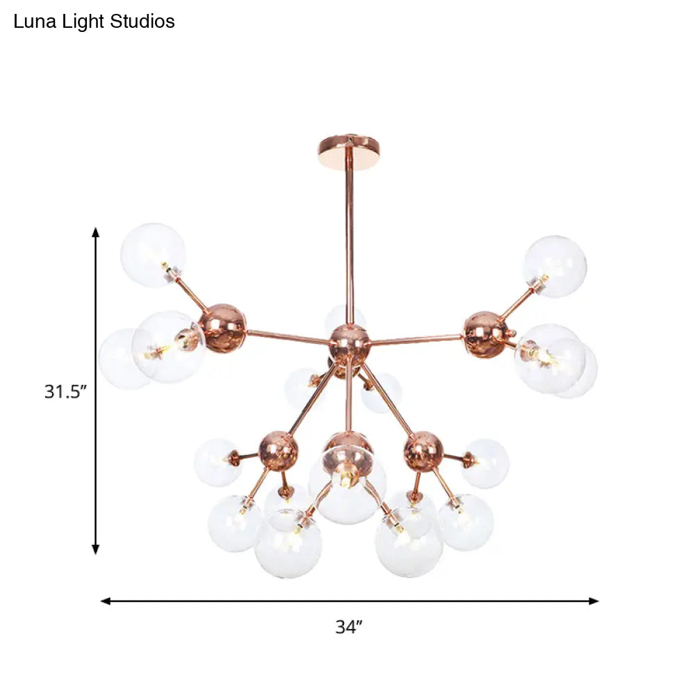 Lámpara de araña vintage de cobre con pantallas esféricas de cristal transparente/ámbar - 3/9/12 luces, diseño de ramas - 33/70/86 cm de ancho