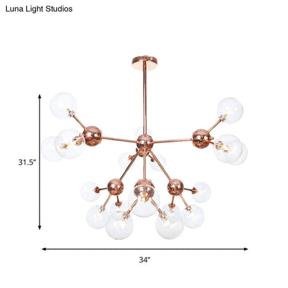 Lámpara de araña vintage de cobre con pantallas esféricas de cristal transparente/ámbar - 3/9/12 luces, diseño de ramas - 33/70/86 cm de ancho