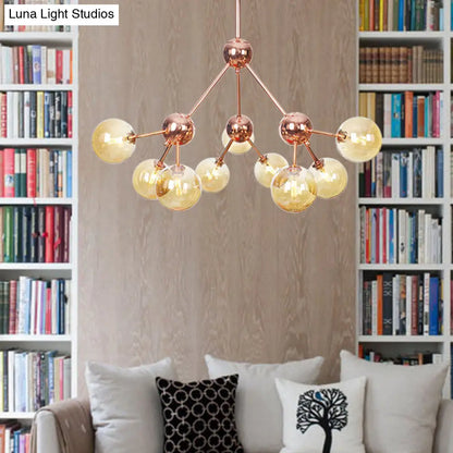 Lámpara de araña vintage de cobre con pantallas esféricas de cristal transparente/ámbar - 3/9/12 luces, diseño de ramas - 33/70/86 cm de ancho