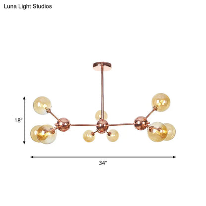 Lámpara de araña vintage de cobre con pantallas esféricas de cristal transparente/ámbar - 3/9/12 luces, diseño de ramas - 33/70/86 cm de ancho