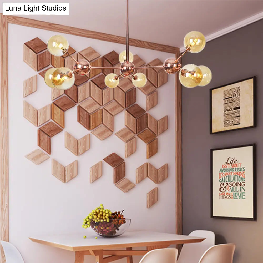 Lámpara de araña vintage de cobre con pantallas esféricas de cristal transparente/ámbar - 3/9/12 luces, diseño de ramas - 33/70/86 cm de ancho